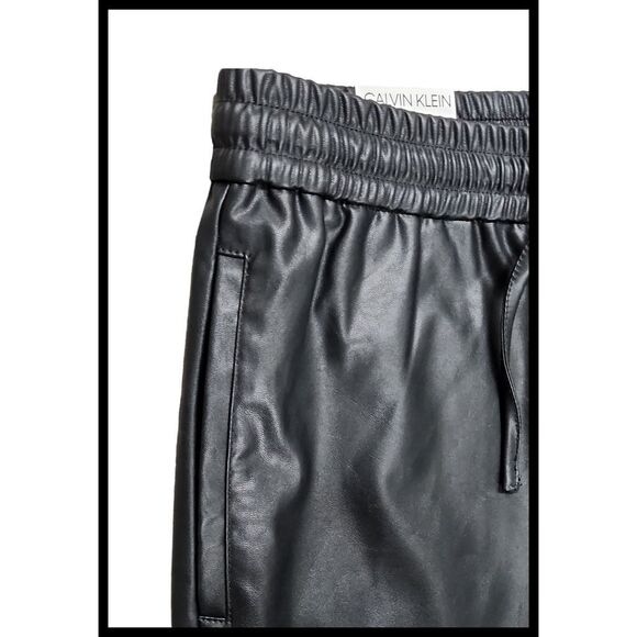 NWT Calvin Klein Vegan Faux Leather Pants Pull On Drawstring Waist Black Medium - Picture 4 of 12